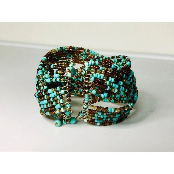 Vintage Womens Teal Brown Spring Open Style Seed Bead Cuff Bracelet Collection - Picture 3 of 7